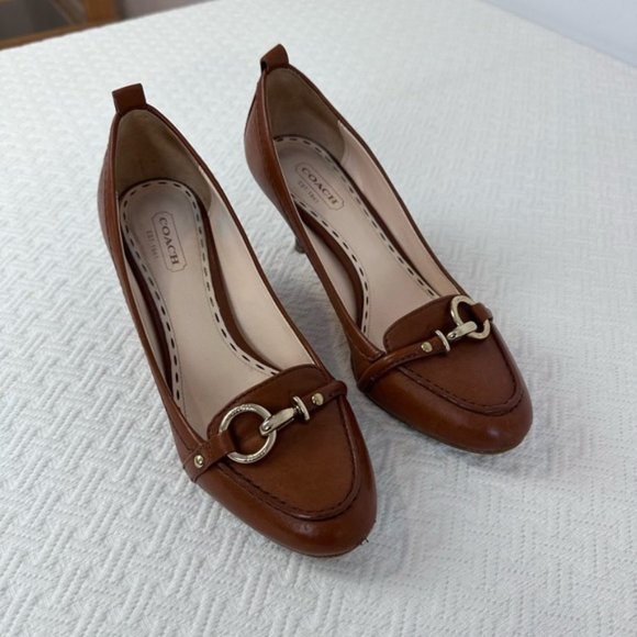 [SOLD] COACH Brown Leather Metallic Buckle Detail Preppy Heels / Pumps size 6.5 - Picture 5 of 13
